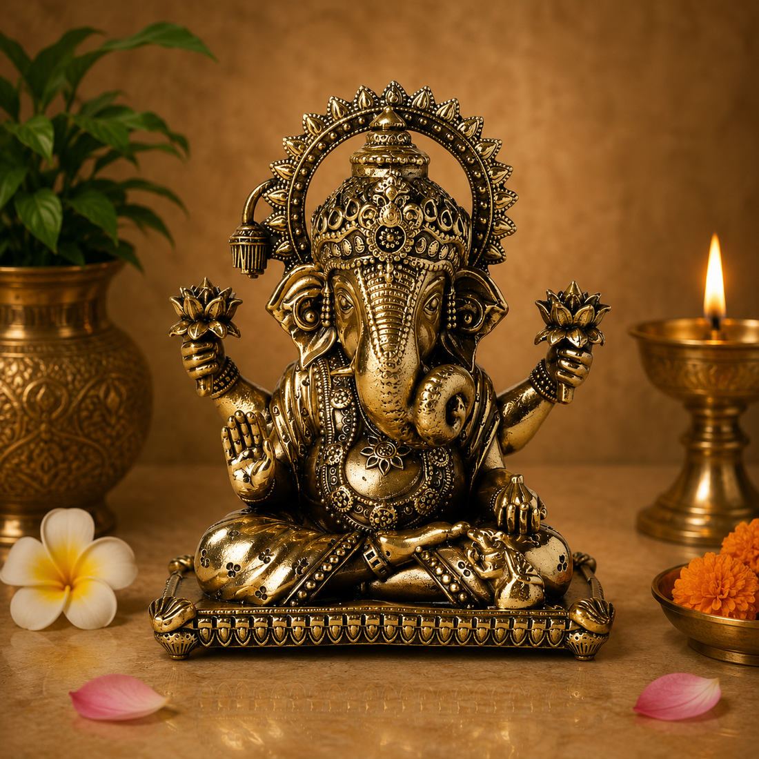 Brass Ganesha Idol with Lotus - Murti for Home Pooja, Mandir Décor &amp; Gifting 4 Inch