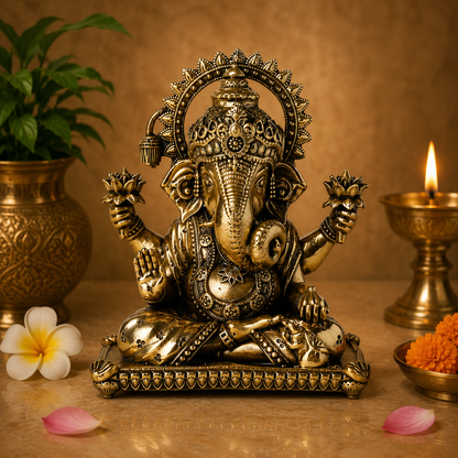 Brass Ganesha Idol with Lotus - Murti for Home Pooja, Mandir Décor &amp; Gifting 4 Inch