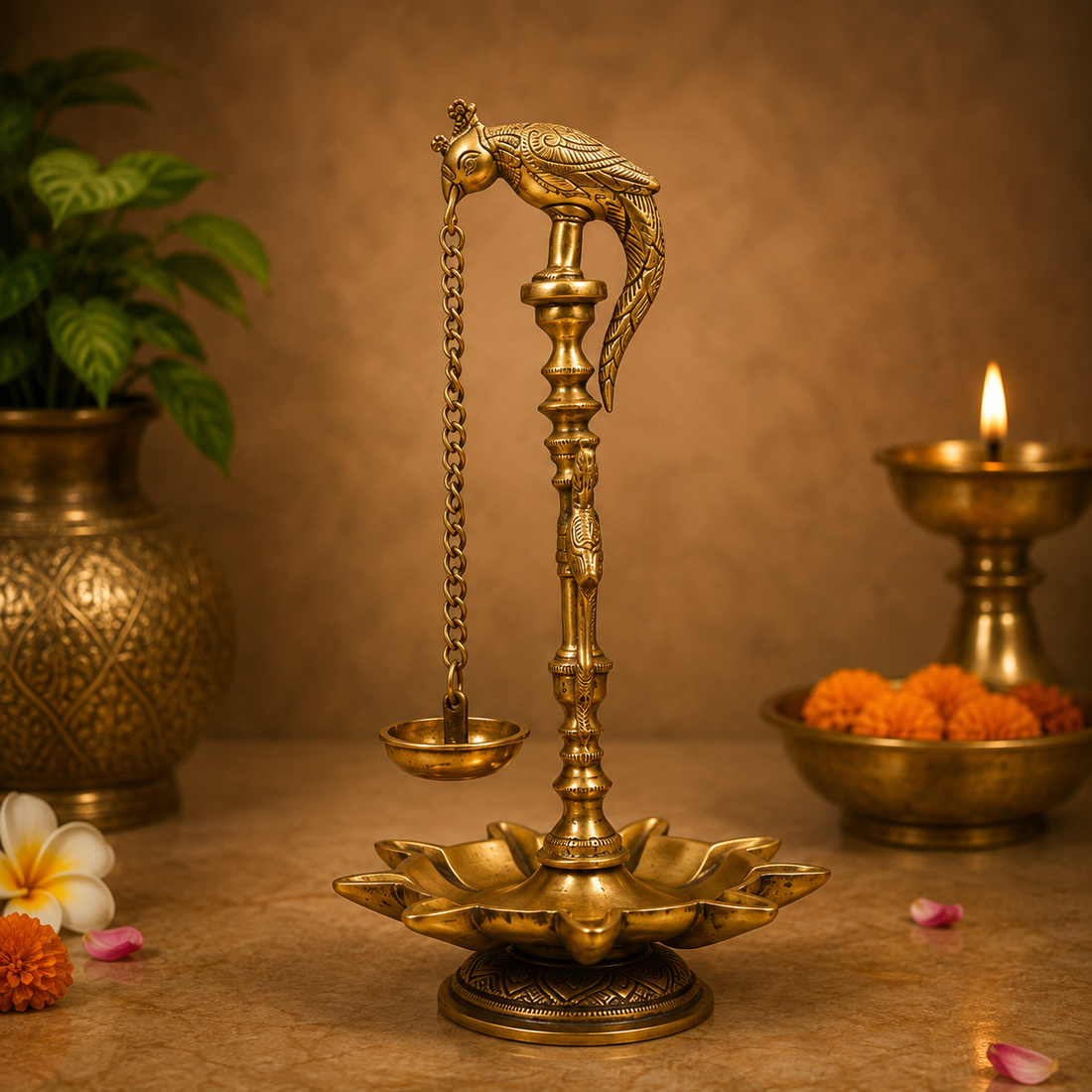 Parrot Perch Brass Hanging Diya Pair 13 Inch