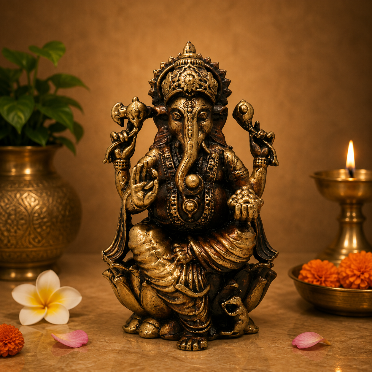 Handcrafted Brass Ganpati Bappa Idol – Lord Ganesha Murti (Vinayaka, Siddhivinayak, Vighnaharta) for Puja, Home Mandir &amp; Décor 2.5 Inch