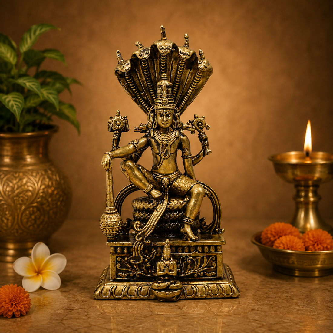 Brass Vishnu on Sheshnag Idol – Lord Narayana Murti (Hari) for Puja, Home Mandir &amp; Spiritual Décor 3 Inch