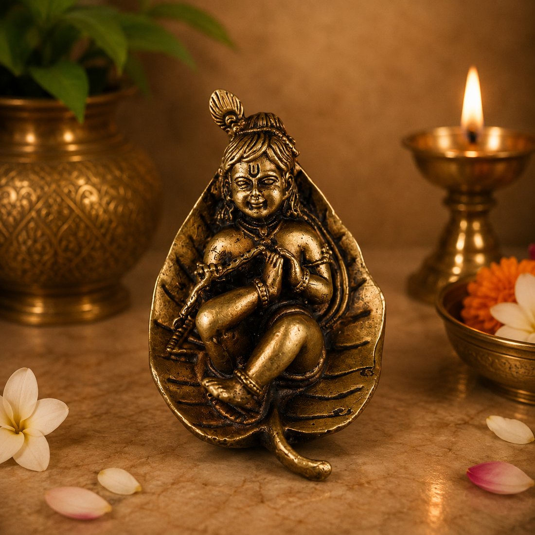 Brass Bal Krishna Idol on Leaf– Lord Krishna Murti (Makhan Chor, Govind, Gopal, Shyamsundar) for Puja, Home Mandir &amp; Décor 1 Inch
