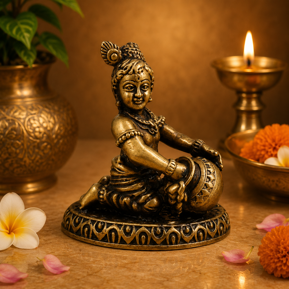 Brass Bal Krishna Idol – Lord Krishna Murti (Makhan Chor, Govind, Gopal, Shyamsundar) for Puja, Home Mandir &amp; Décor 2 Inch
