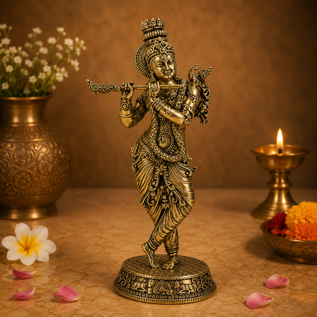 Handcrafted Brass Krishna Idol with Peacock – Fine Finish Lord Krishna Statue for Puja &amp; Home Mandir 6.5 Inch