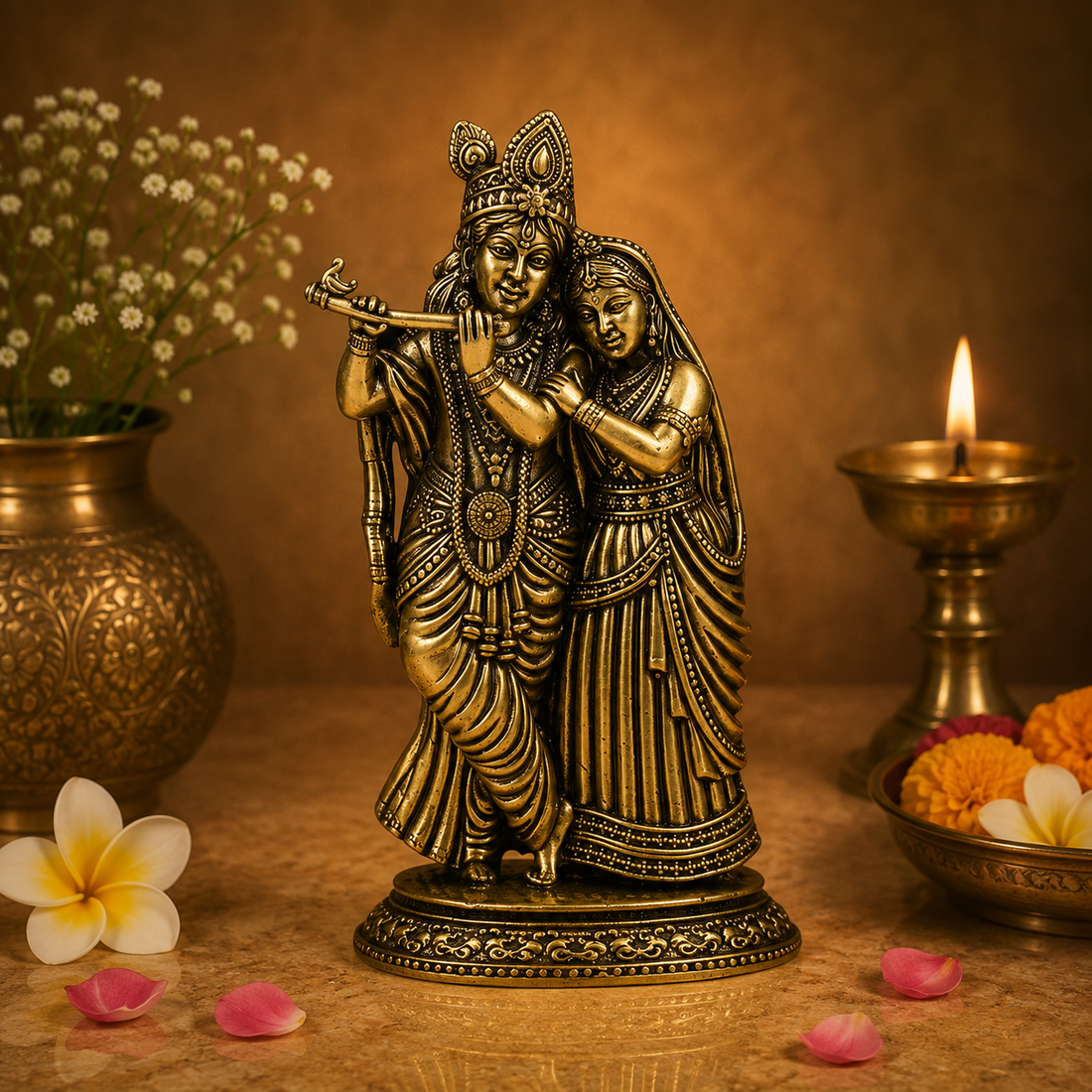 Brass Radha Krishna Idol – Fine Finish Divine Statue for Puja &amp; Home Décor 8 Inch