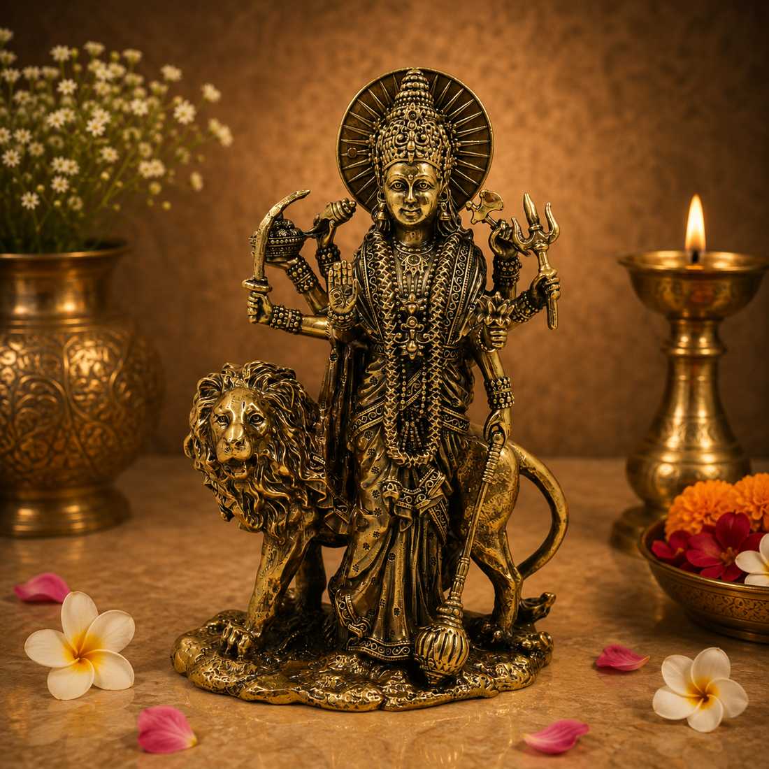Handcrafted Brass Maa Durga (Bhavani Statue) Idol – Goddess Durga on Lion Murti for Puja, Home Mandir &amp; Spiritual Décor 4.5 Inch