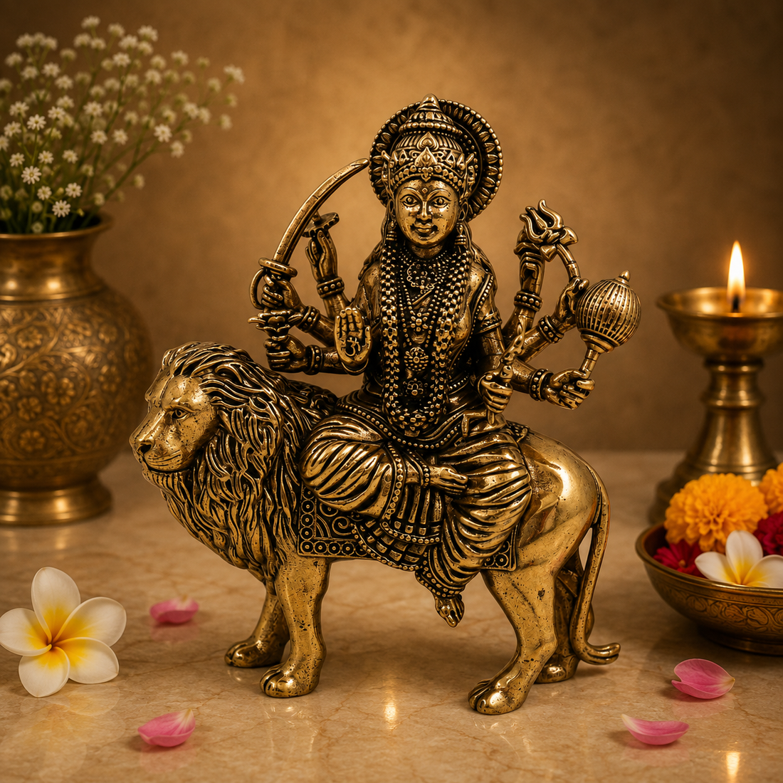 Brass Durga Maa(Bhavani Statue) Idol – Goddess Durga on Lion Murti for Puja, Home Mandir &amp; Spiritual Décor 6 Inch