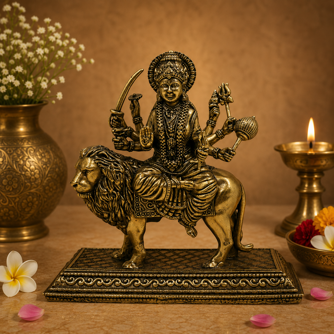 Brass Maa Durga (Bhavani Statue) Idol – Goddess Durga on Lion Murti for Puja, Home Mandir &amp; Spiritual Décor 4.5 Inch