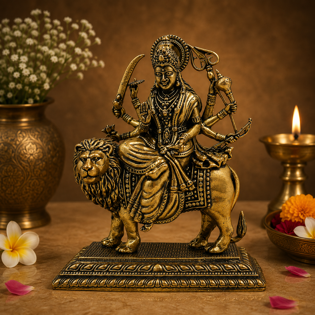 Brass Durga Maa Idol – Goddess Durga on Lion Murti for Puja, Home Mandir &amp; Spiritual Décor 4 Inch