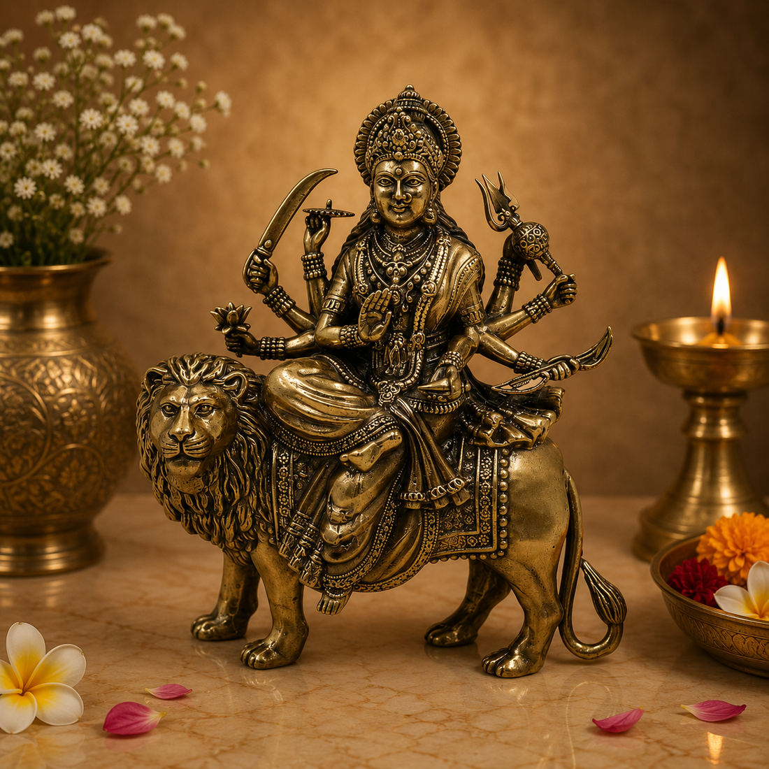 Brass Durga Maa Sherawali Idol – Goddess Durga on Lion Murti for Puja, Home Mandir &amp; Spiritual Décor 5.5 Inch