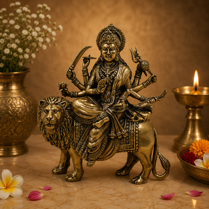 Brass Durga Maa Sherawali Idol – Goddess Durga on Lion Murti for Puja, Home Mandir &amp; Spiritual Décor 5.5 Inch