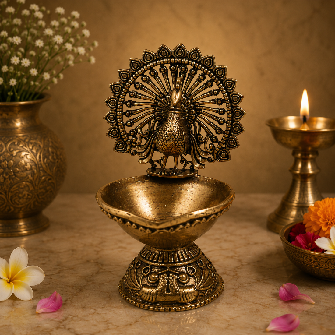 Brass Superfine Designer Peacock Diya Lamp – Decorative Puja Oil Lamp for Home Mandir &amp; Spiritual Décor 4 Inch