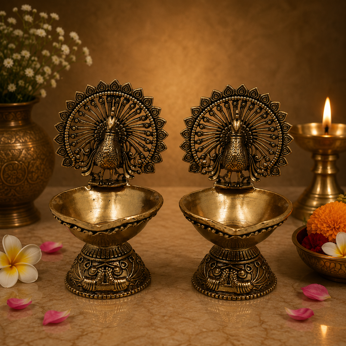 Brass Superfine Designer Peacock Diya Lamp – Decorative Puja Oil Lamp for Home Mandir &amp; Spiritual Décor (set of 2) 3 Inch