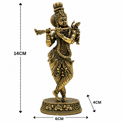 Handcrafted Brass Krishna Idol with Peacock – Fine Finish Lord Krishna Statue for Puja &amp; Home Mandir 5.5 Inch
