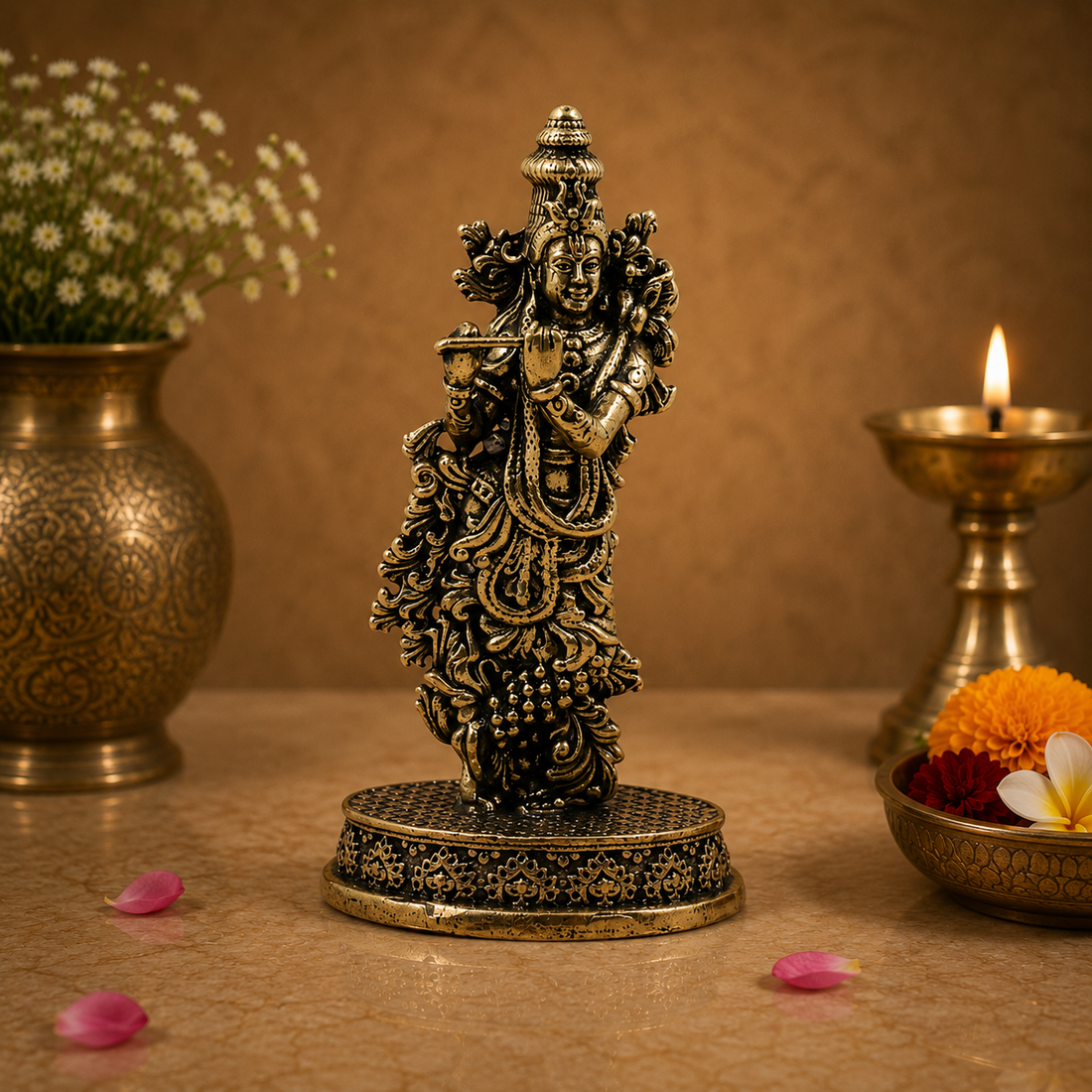 Brass Krishna Idol – Lord Krishna Murti (Makhan Chor, Govind, Gopal, Shyamsundar) for Puja, Home Mandir &amp; Décor 3 Inch