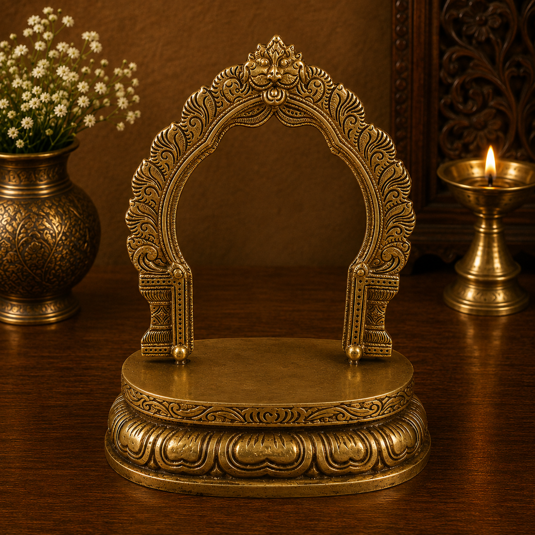 Traditional Brass Singhasan Chowki With Prabhavali – Singhasan Stand for Idols &amp; Home Temple Pooja 9 Inch