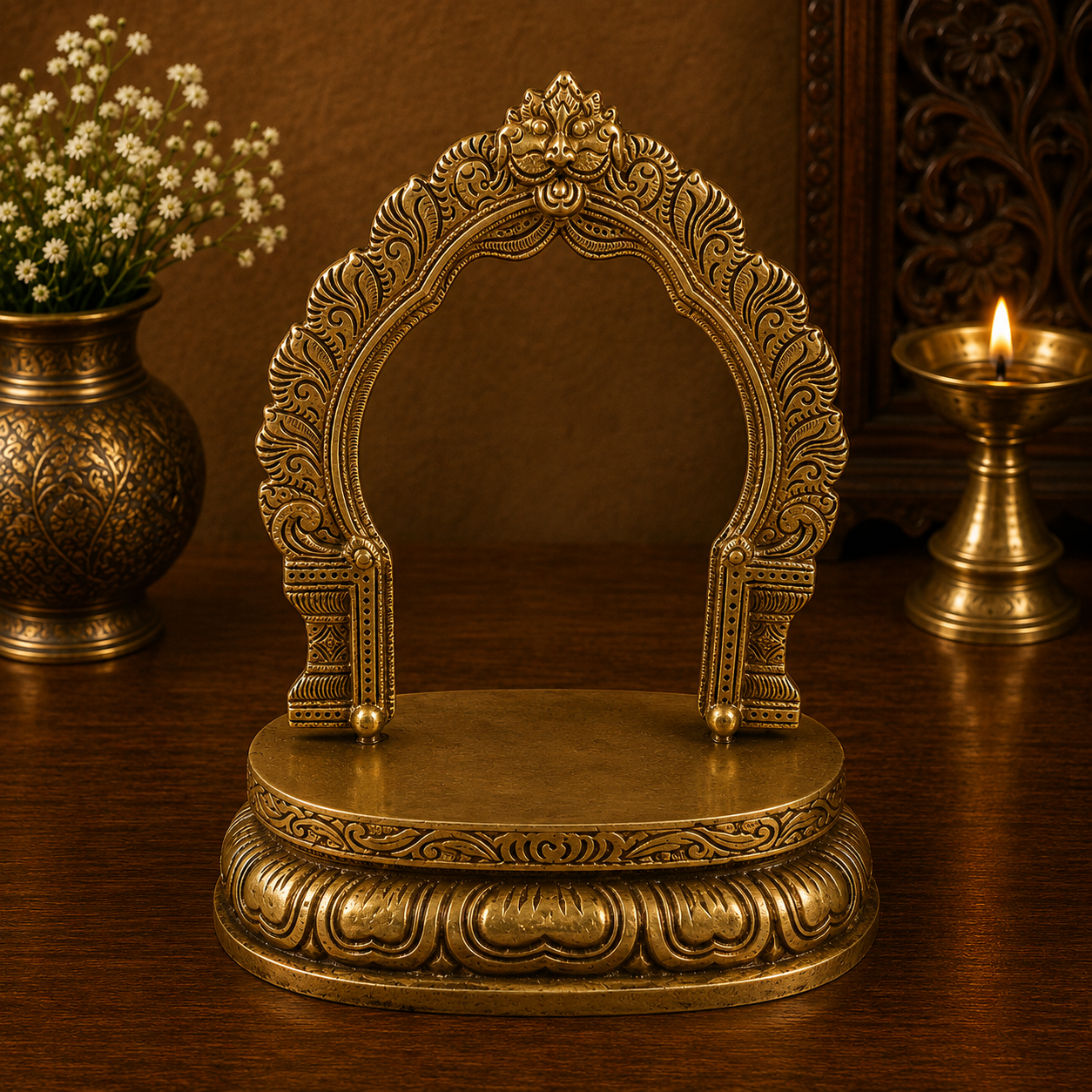 Traditional Brass Singhasan Chowki With Prabhavali – Singhasan Stand for Idols &amp; Home Temple Pooja 9 Inch