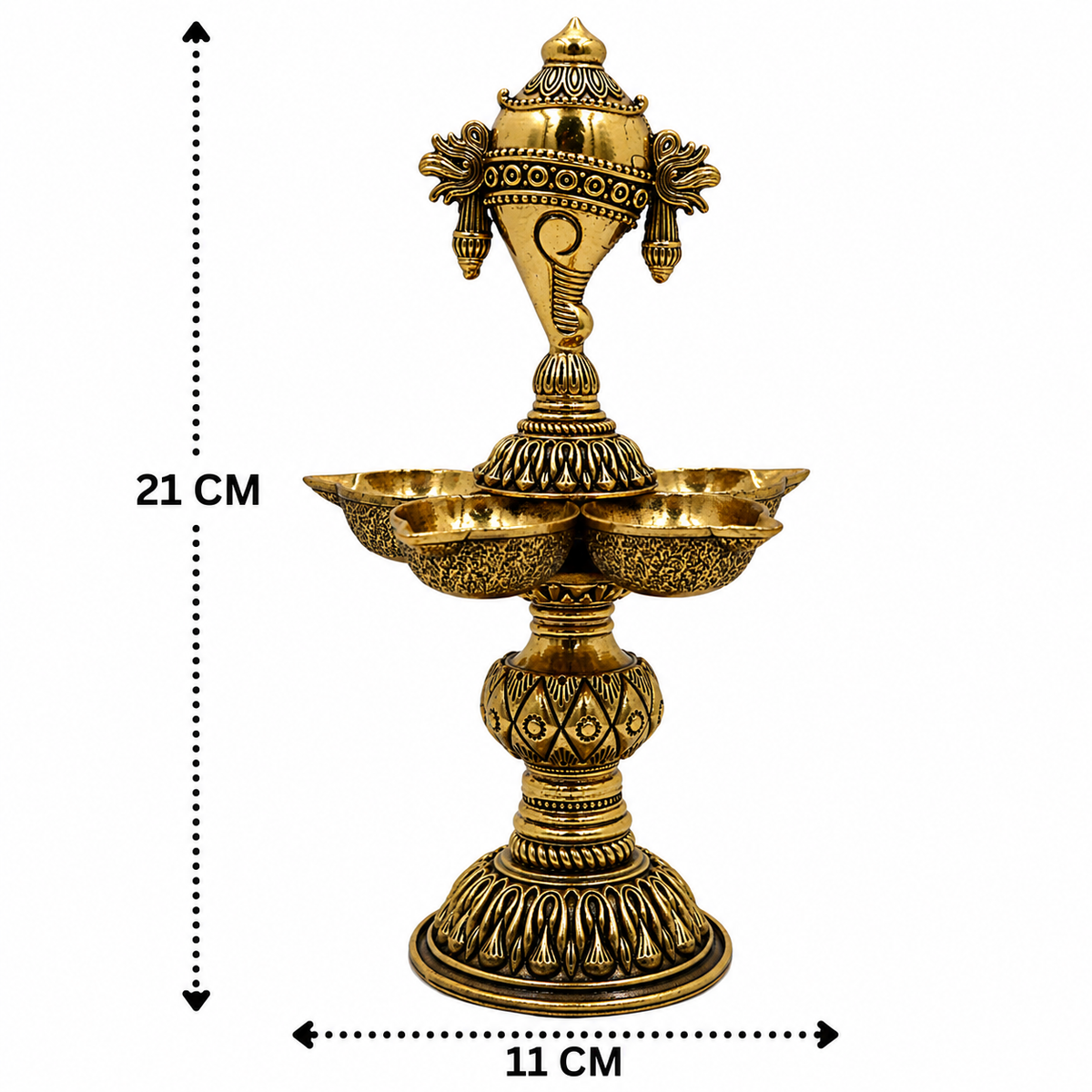 Brass Shankha Diya – Conch Shape Oil Lamp (Peetal Deepak) for Puja, Aarti &amp; Home Mandir Décor 8.5 Inch