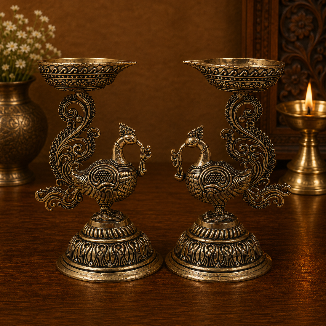 Brass Traditional Peacock Deepam Diya – Mayur Design Oil Lamp for Puja, Aarti &amp; Home Mandir Décor 4.5 Inch (set of 2 )