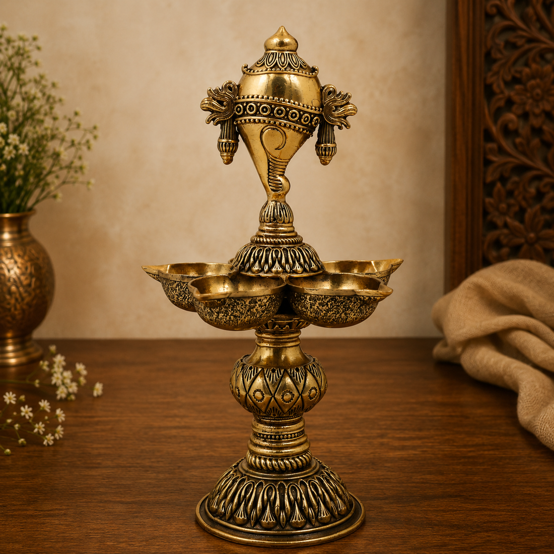 Brass Shankha Diya – Conch Shape Oil Lamp (Peetal Deepak) for Puja, Aarti &amp; Home Mandir Décor 8.5 Inch