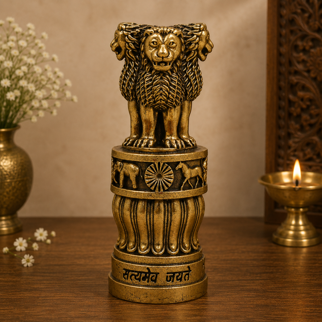 Brass Handcrafted Ashoka Stambh Idol – National Emblem Lion Capital Decorative Showpiece for Home &amp; Office Décor 4 Inch