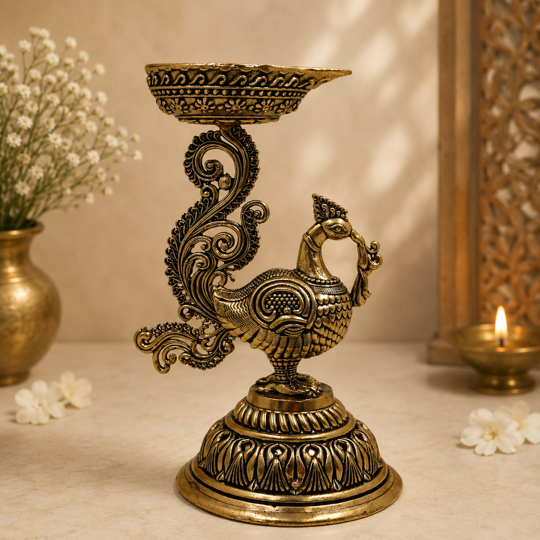 Brass Traditional Peacock Deepam Diya – Mayur Design Oil Lamp for Puja, Aarti &amp; Home Mandir Décor 4.5 Inch