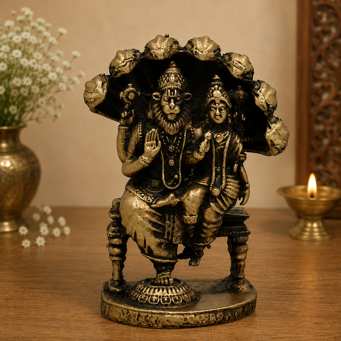 Brass Lakshmi Narasimha Idol with Naag – Laxmi Narasimha Murti, Peetal Narasimha Vigraham for Puja, Home Mandir &amp; Spiritual Décor with 2.5 Inch
