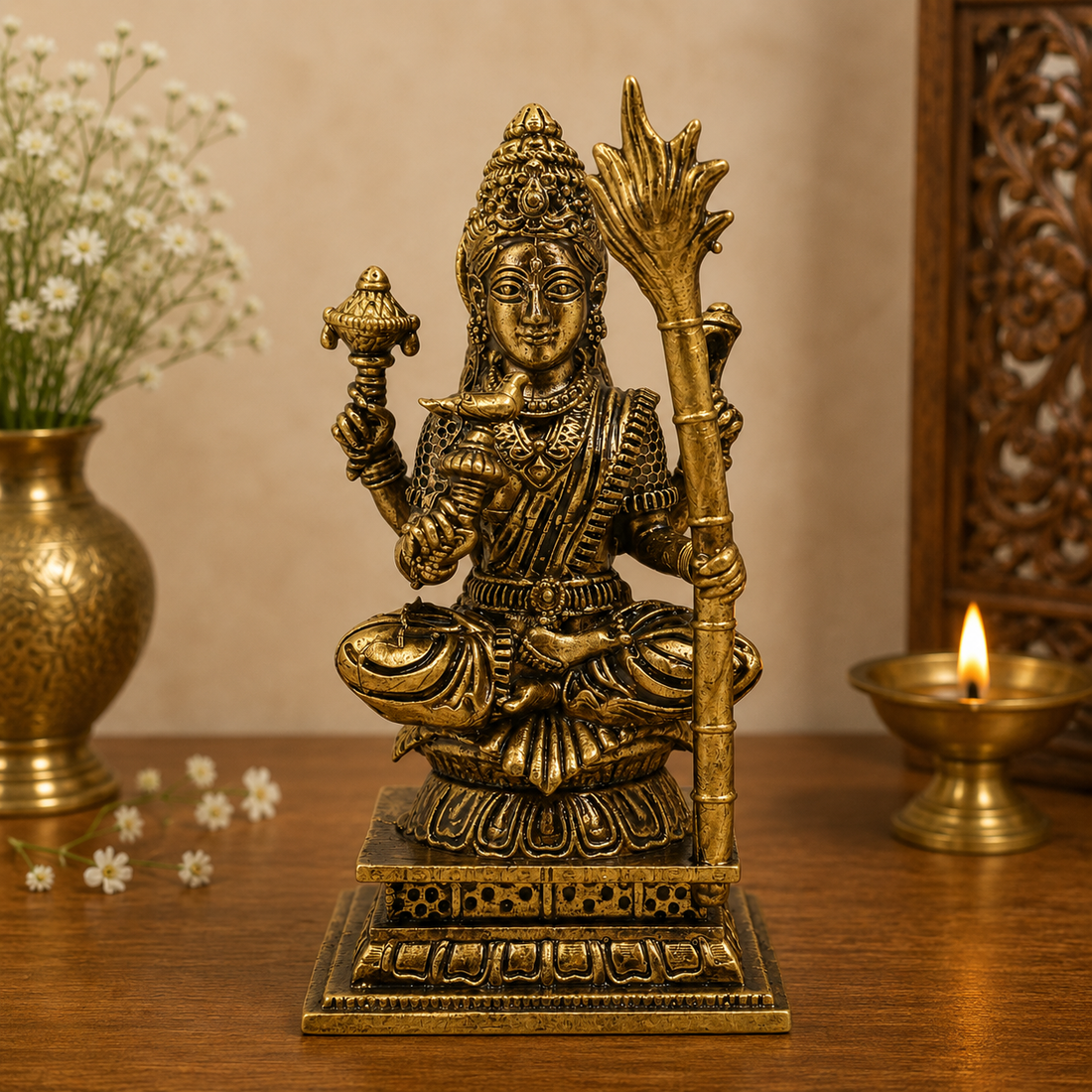 Brass Handcrafted Sitting Kamakshi Idol – Raja Rajeshwari Murti (Vigraham/Pratima) for Puja, Home Mandir, Décor &amp; Gifting 4 Inch