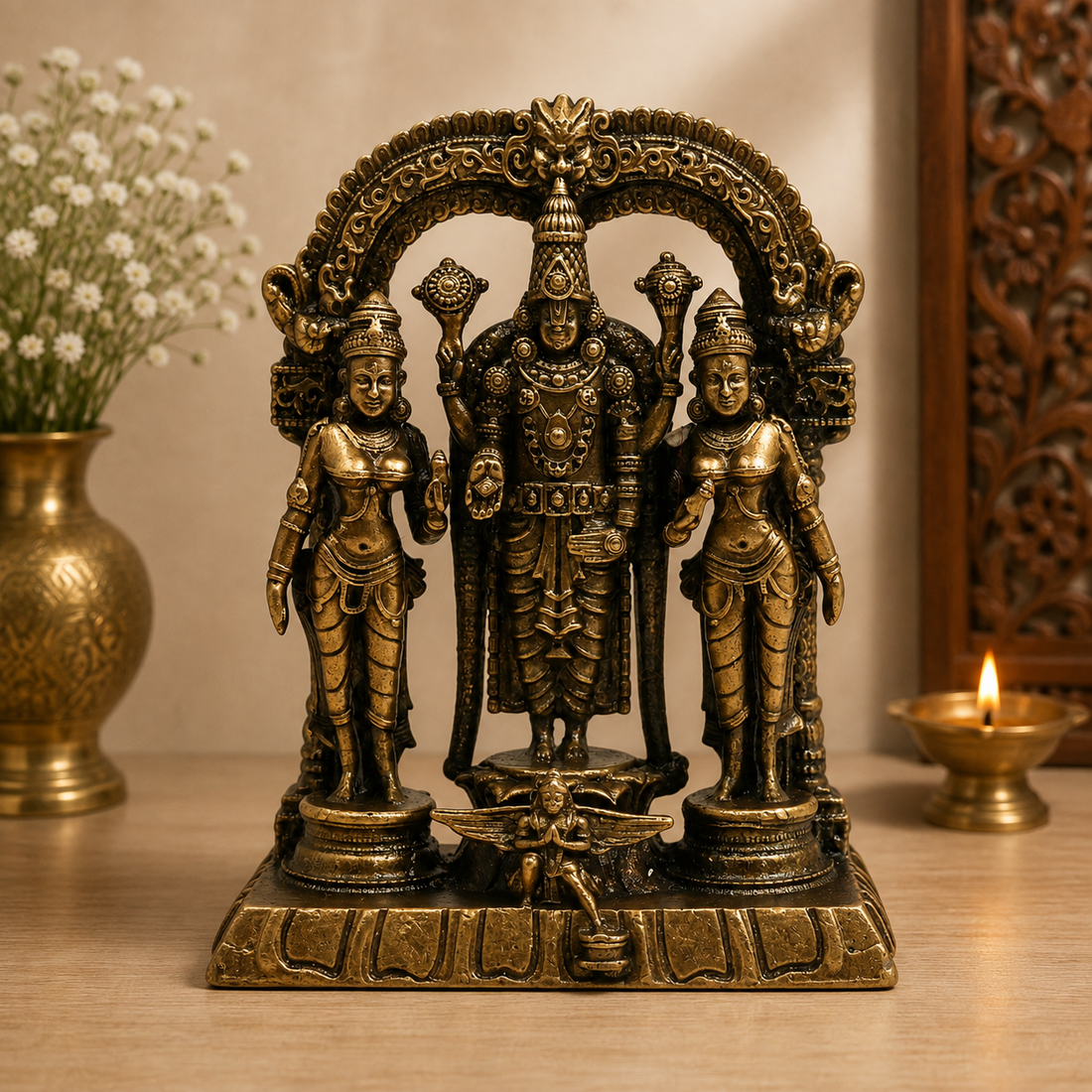 Brass Vishnu Sridevi Bhudevi Idol – Lord Narayana Murti with Sri Lakshmi &amp; Bhudevi for Puja, Home Mandir &amp; Spiritual Décor 3 Inch