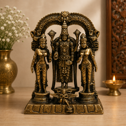 Brass Vishnu Sridevi Bhudevi Idol – Lord Narayana Murti with Sri Lakshmi &amp; Bhudevi for Puja, Home Mandir &amp; Spiritual Décor 3 Inch