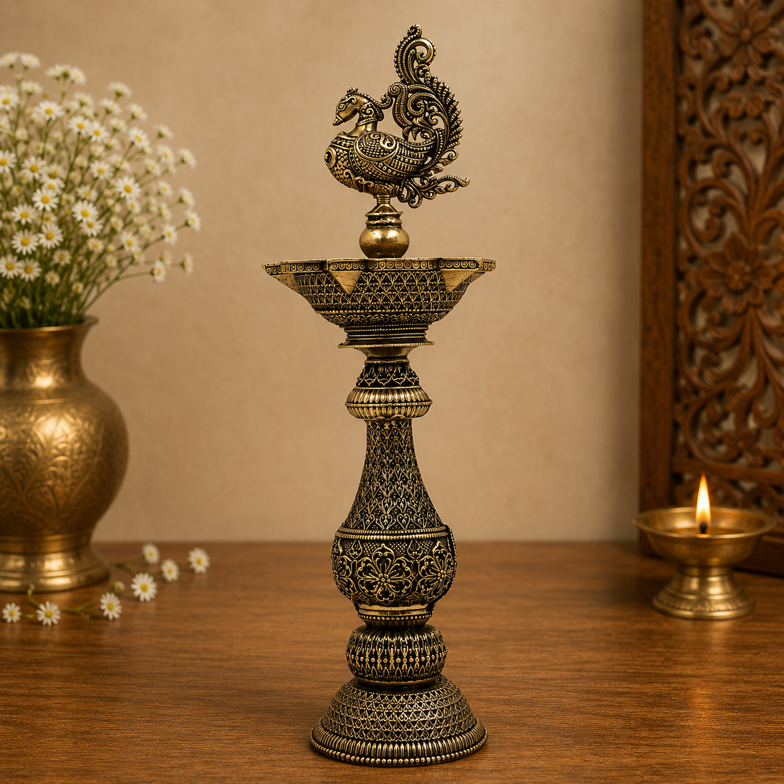 Brass Traditional Peacock Deepam Diya – Mayur Design Oil Lamp (Peetal Deepak) for Puja, Aarti &amp; Home Mandir Décor 8 Inch