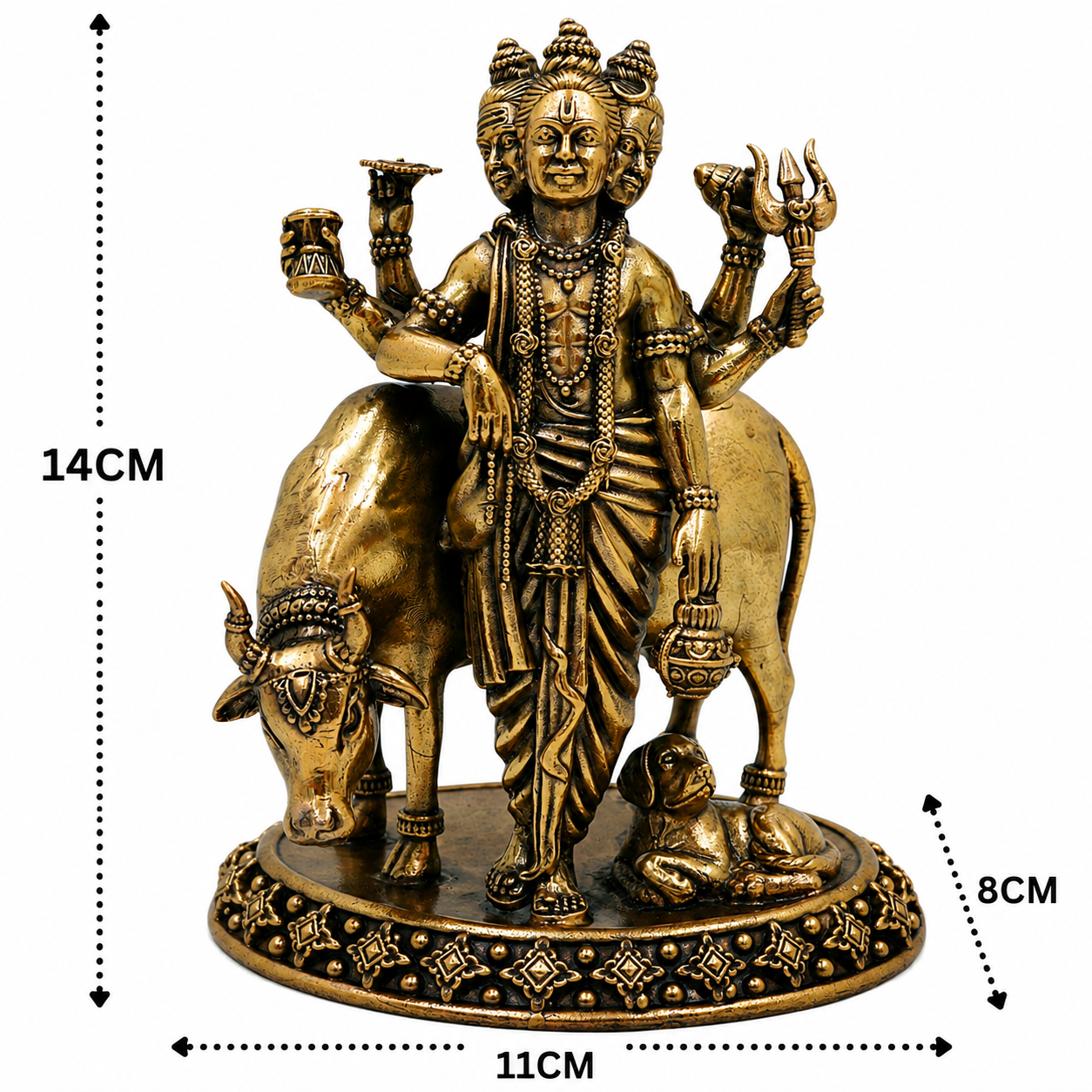 Handcrafted Brass Dattatreya Idol – Lord Dattatreya Murti with Cow &amp; Dog for Home Temple &amp; Spiritual Worship 5.5 Inch