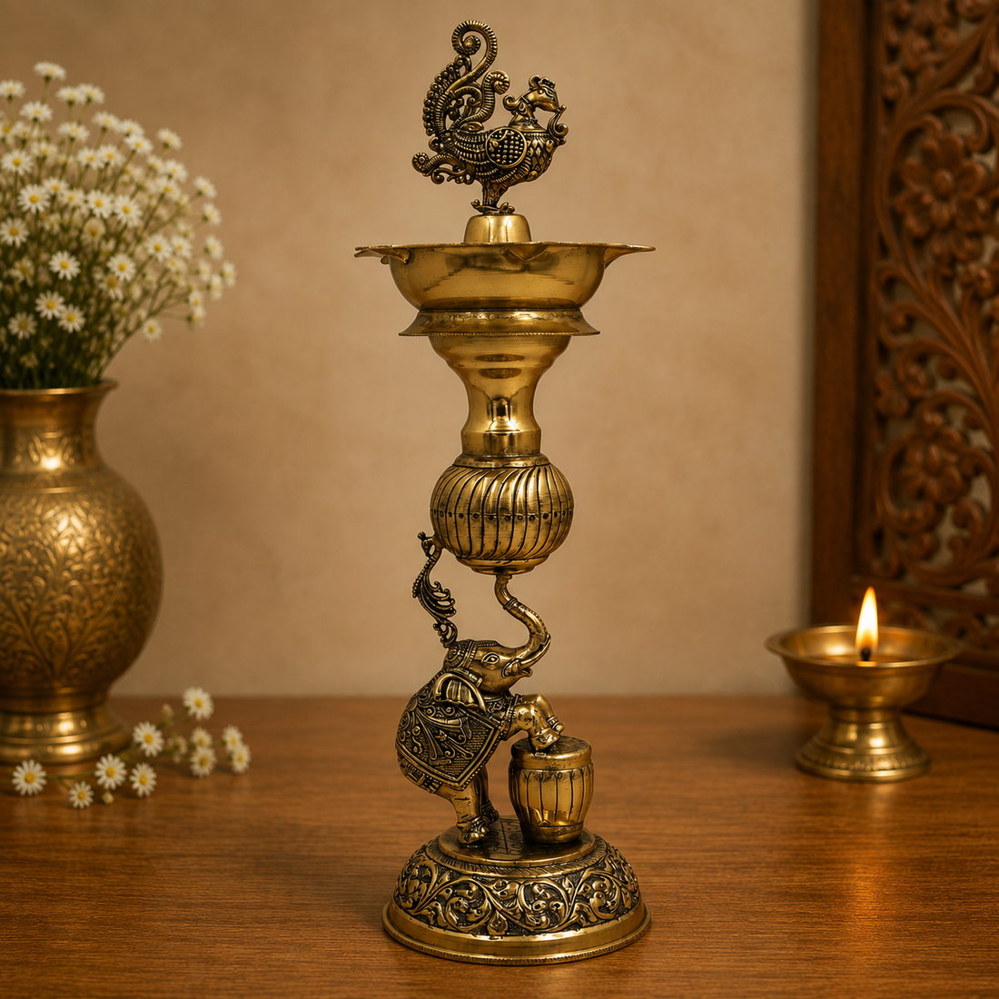 Brass Handcrafted Aarti Diya – Traditional Pooja Oil Lamp (Peetal Deepak) for Aarti, Puja &amp; Home Mandir Décor 12 Inch