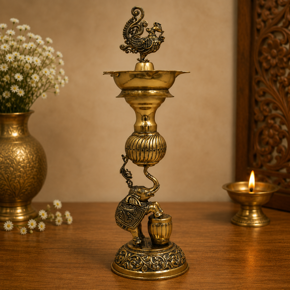 Brass Handcrafted Aarti Diya – Traditional Pooja Oil Lamp (Peetal Deepak) for Aarti, Puja &amp; Home Mandir Décor 12 Inch