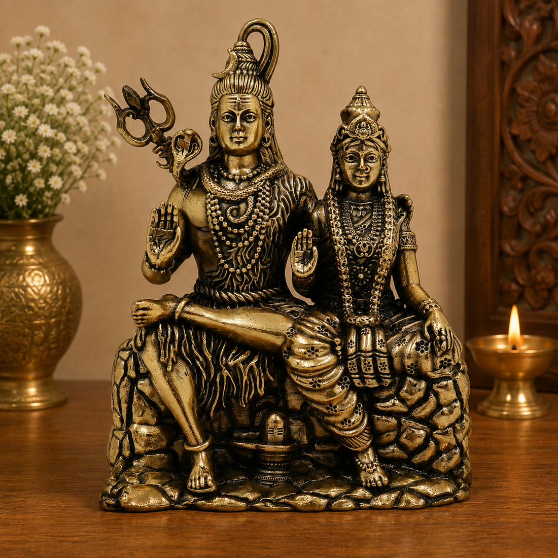 Brass Handcrafted Shiva Parivar Idol – Fine Golden Work Divine Family Statue for Puja &amp; Home Mandir 4.5 Inch
