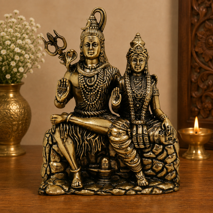 Brass Handcrafted Shiva Parivar Idol – Fine Golden Work Divine Family Statue for Puja &amp; Home Mandir 4.5 Inch