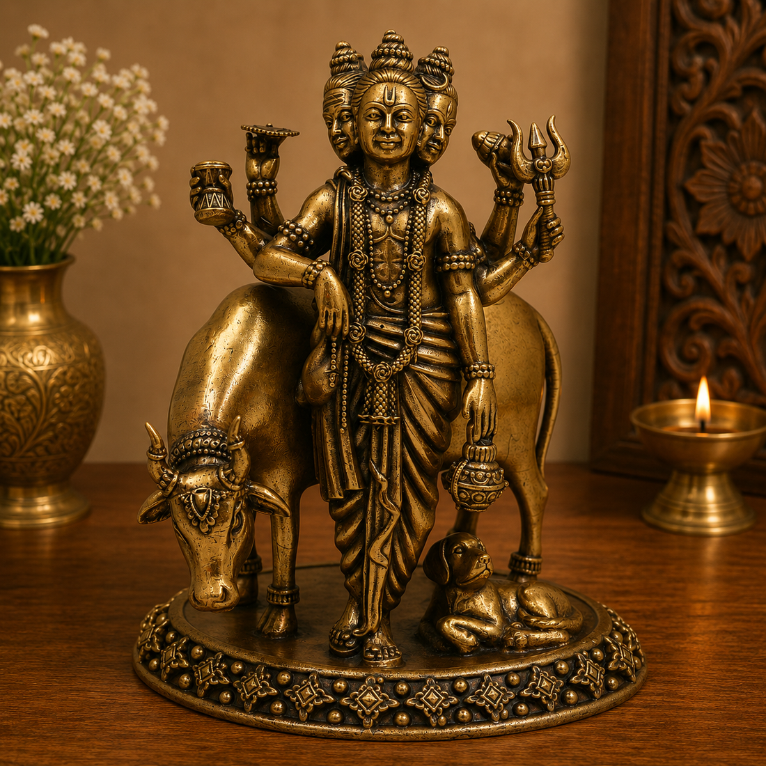 Handcrafted Brass Dattatreya Idol – Lord Dattatreya Murti with Cow &amp; Dog for Home Temple &amp; Spiritual Worship 5.5 Inch
