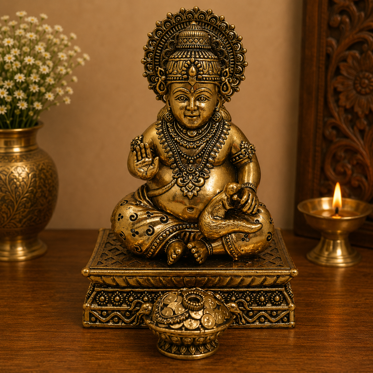 Brass Handcrafted Kubera Idol – Dhanadhipati Wealth God Murti for Puja, Home Temple &amp; Décor 6.5 Inch