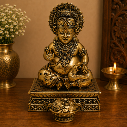 Brass Handcrafted Kubera Idol – Dhanadhipati Wealth God Murti for Puja, Home Temple &amp; Décor 6.5 Inch