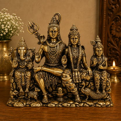 Handcrafted Brass Shiv Parivar Idol – Fine Golden Work Divine Family Statue for Puja &amp; Home Mandir 5 Inch