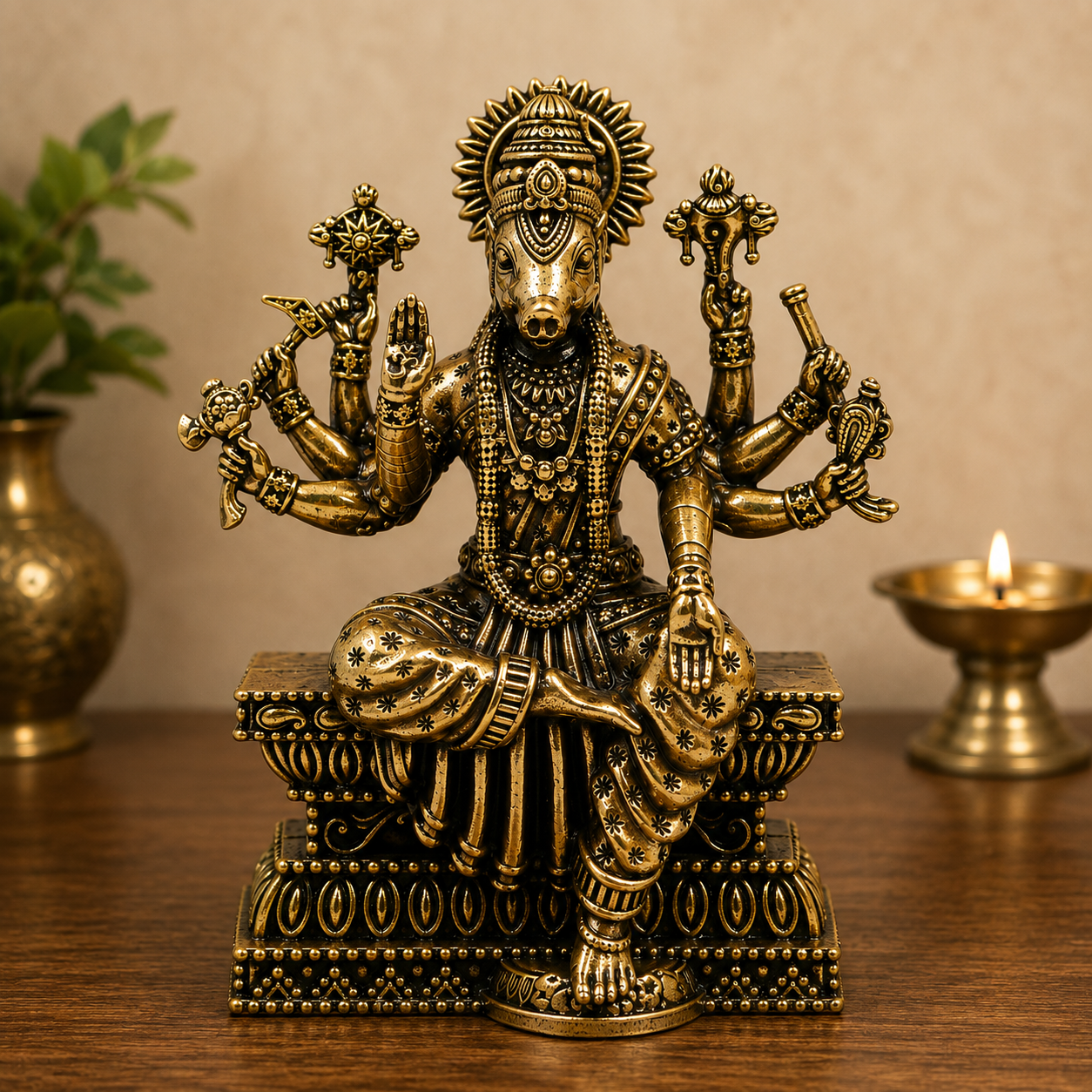 Brass Handcrafted  Varahi Amman Idol – Maha Varahi Devi Statue, Pital Varahi Mata Murti for Puja, Home Mandir &amp; Spiritual Décor 4 Inch