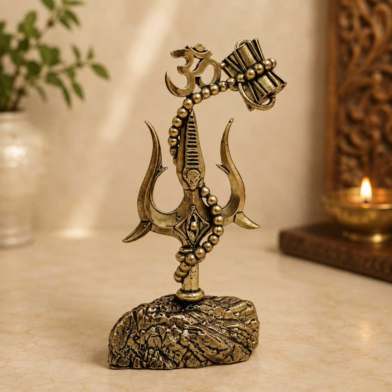Brass Trishul with Damru and Om – Divine Shiva Symbol for Puja &amp; Home Mandir 4 Inch (Copy)