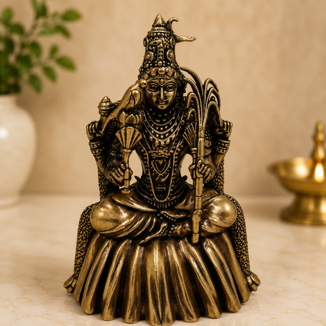 Brass Sitting Kamakshi Idol – Raja Rajeshwari Murti (Vigraham/Pratima) for Puja, Home Mandir, Décor &amp; Gifting 4 Inch