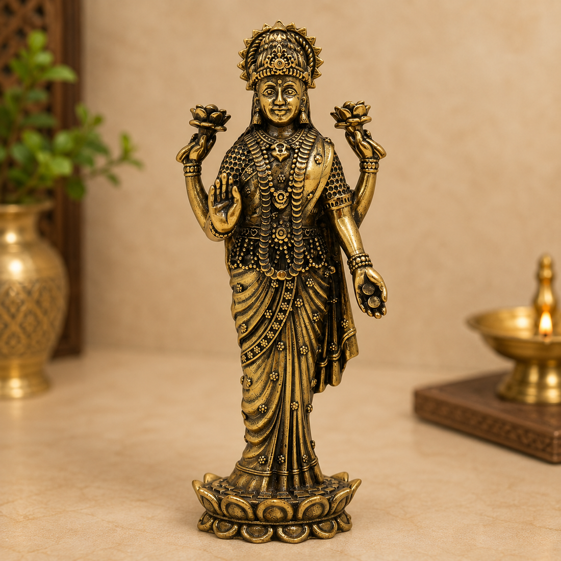 Brass Standing Lakshmi Idol – Divine Goddess of Wealth &amp; Fortune for Puja 4 Inch
