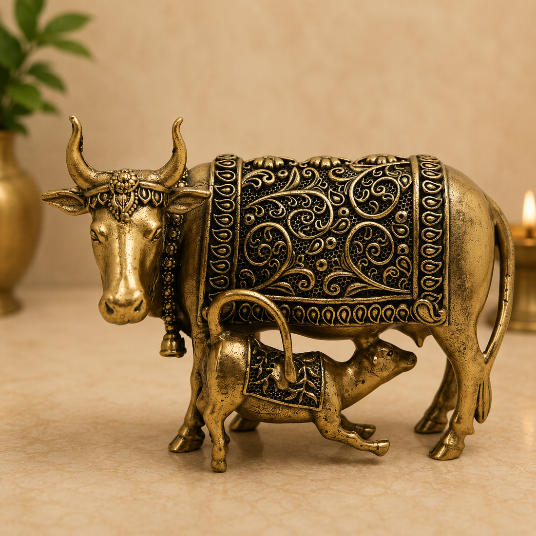 Handcrafted Brass Kamadhenu Idol – Surabhi Cow Murti, Handcrafted Divine Cow for Puja, Home &amp; Temple Décor 3 Inch