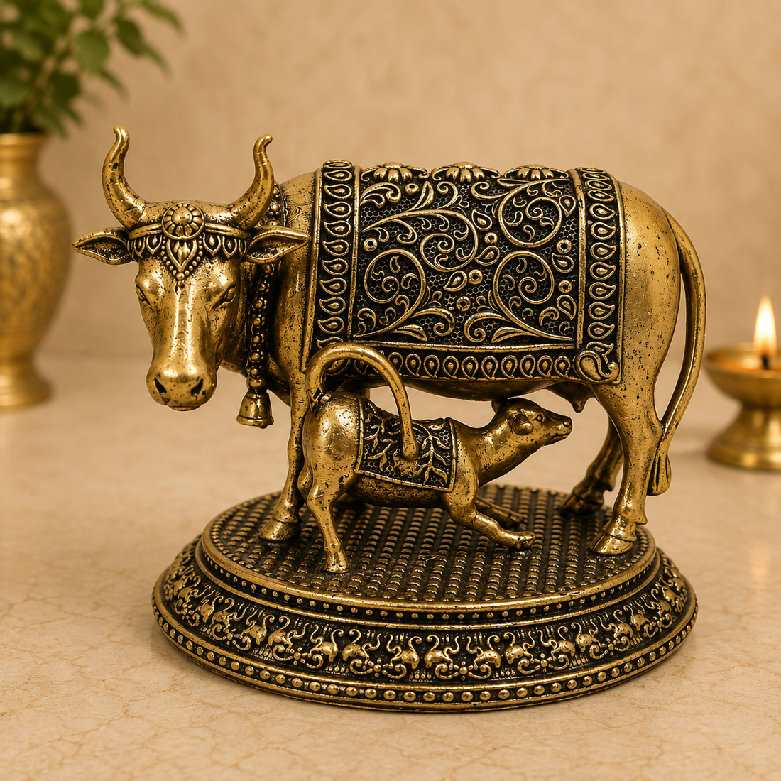 Handcrafted Brass Kamadhenu Idol – Surabhi Cow (Gau Mata) Murti, Handcrafted Divine Cow for Puja, Home &amp; Temple Décor 3 Inch