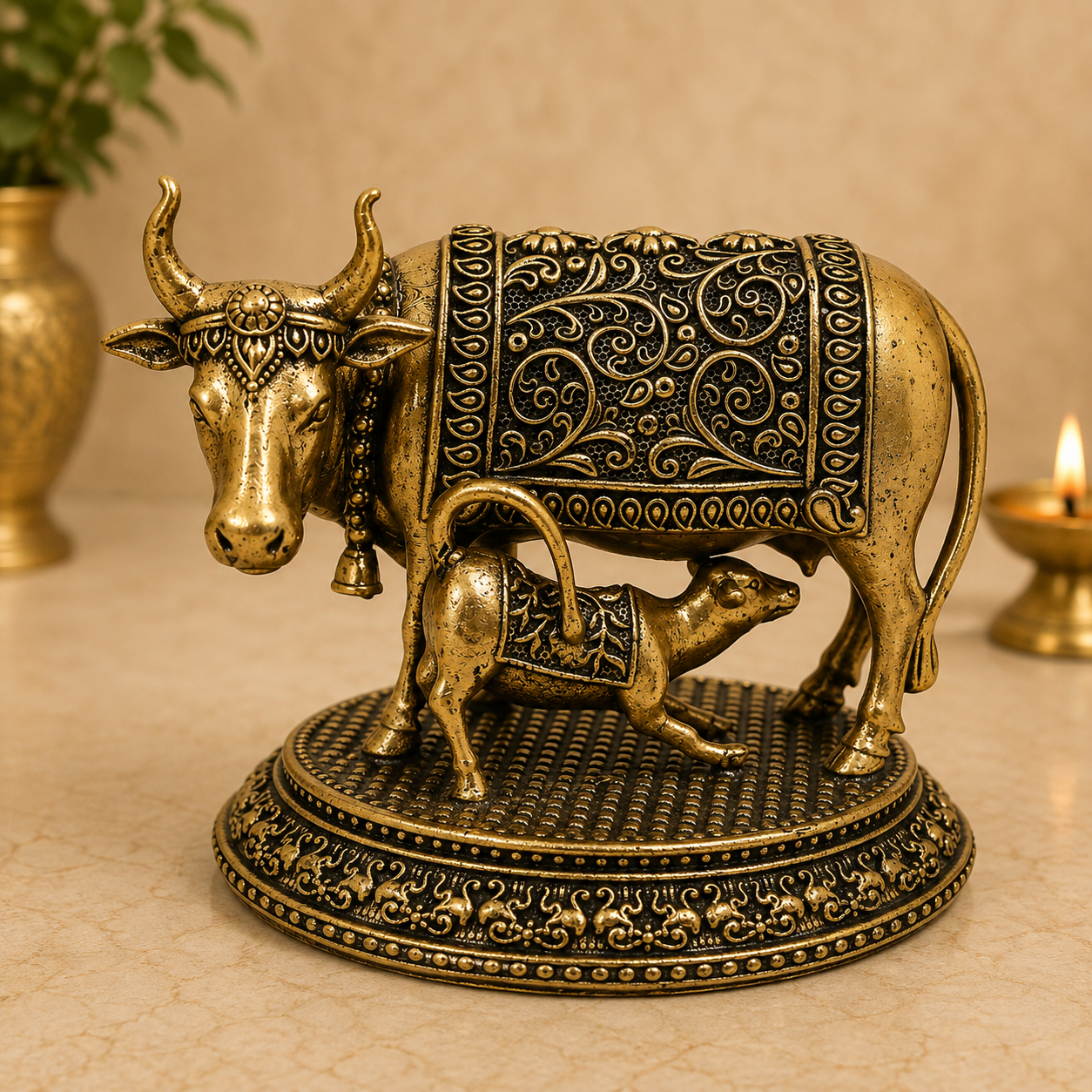 Handcrafted Brass Kamadhenu Idol – Surabhi Cow (Gau Mata) Murti, Handcrafted Divine Cow for Puja, Home &amp; Temple Décor 3 Inch