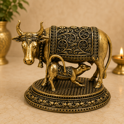 Handcrafted Brass Kamadhenu Idol – Surabhi Cow (Gau Mata) Murti, Handcrafted Divine Cow for Puja, Home &amp; Temple Décor 3 Inch