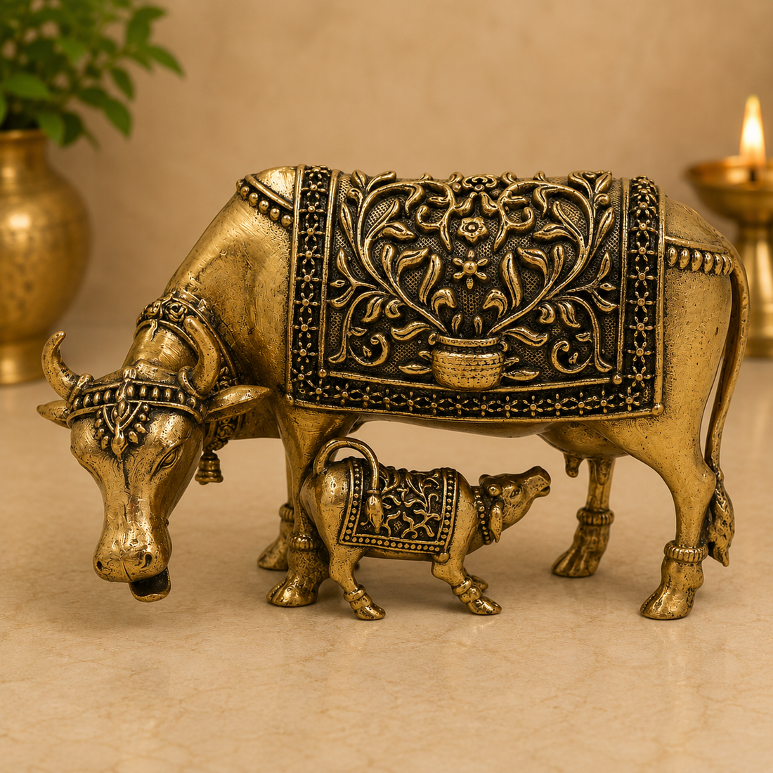 Handcrafted Brass Kamadhenu Idol – Surabhi Cow (Gau Mata) Murti, Handcrafted Divine Cow for Puja, Home &amp; Temple Décor 2.5 Inch