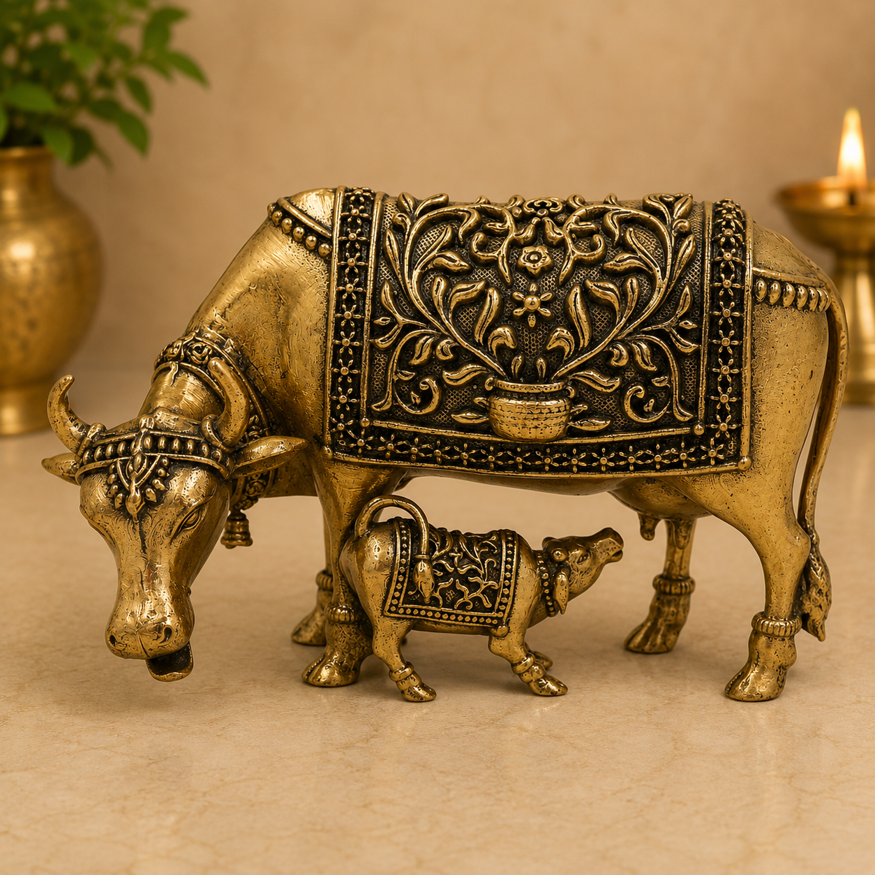 Handcrafted Brass Kamadhenu Idol – Surabhi Cow (Gau Mata) Murti, Handcrafted Divine Cow for Puja, Home &amp; Temple Décor 2.5 Inch